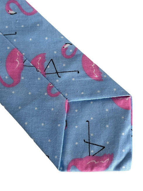 childrens light blue cotton tie with pink flamingo design